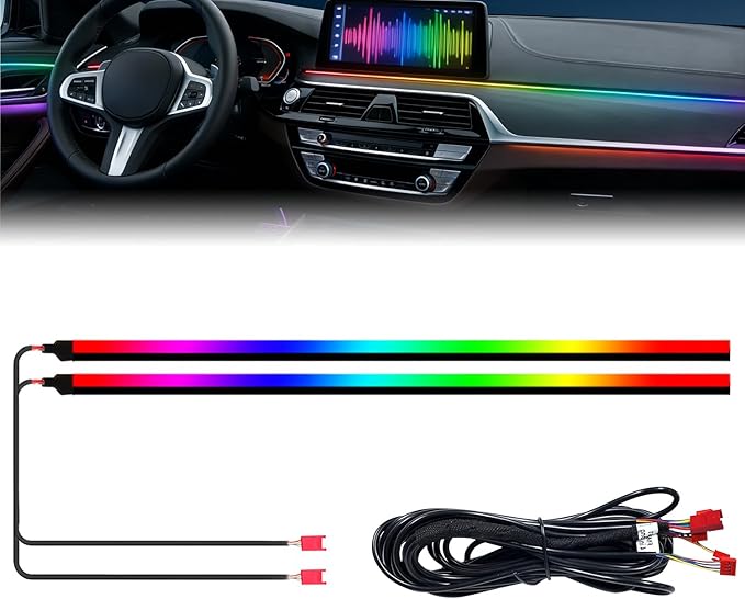 HMYC Dream Color Acrylic Interior Car Lights, 2 Pieces 75cm/29.5inch 128 Colorful Car LED Strip Light RGB Fiber Optic Rainbow Ambient Lighting bar, Universal Decoration Dynamic Atmosphere Neon Lights