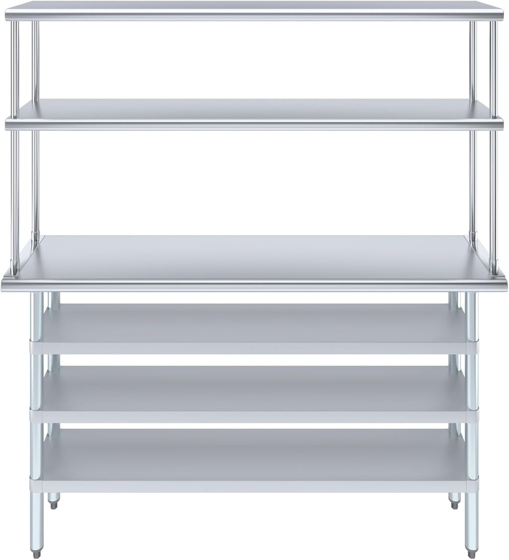 Amgood 14" x 60" Stainless Steel Work Table with 3 Shelves and 12" Wide Double Tier Overshelf | Metal Kitchen Prep Table & Shelving Combo | NSF
