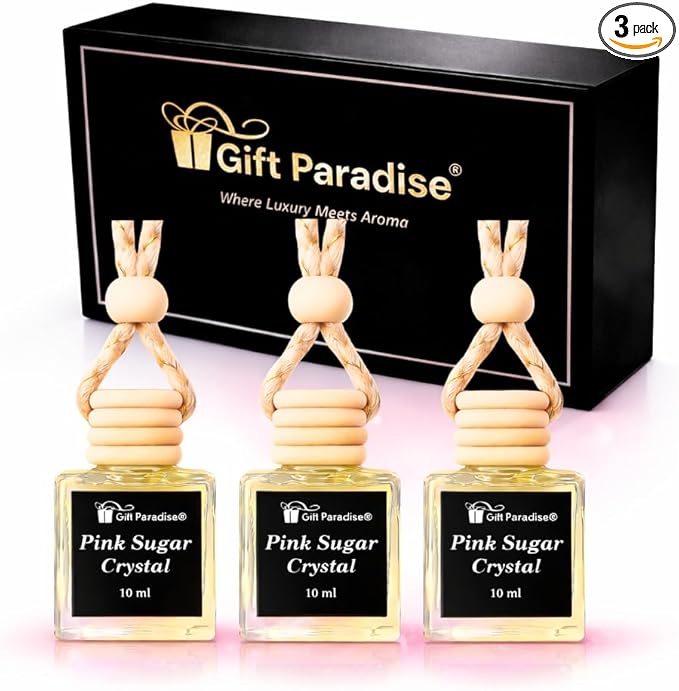 Pink Sugar Crystal Car Air Freshener Set of 3 with Magnetic Gift Box, 10 ml Hanging Diffuser Bottles with Wooden Cap, Sweet Vanilla Cotton Candy Scent for Car, Home & Closet