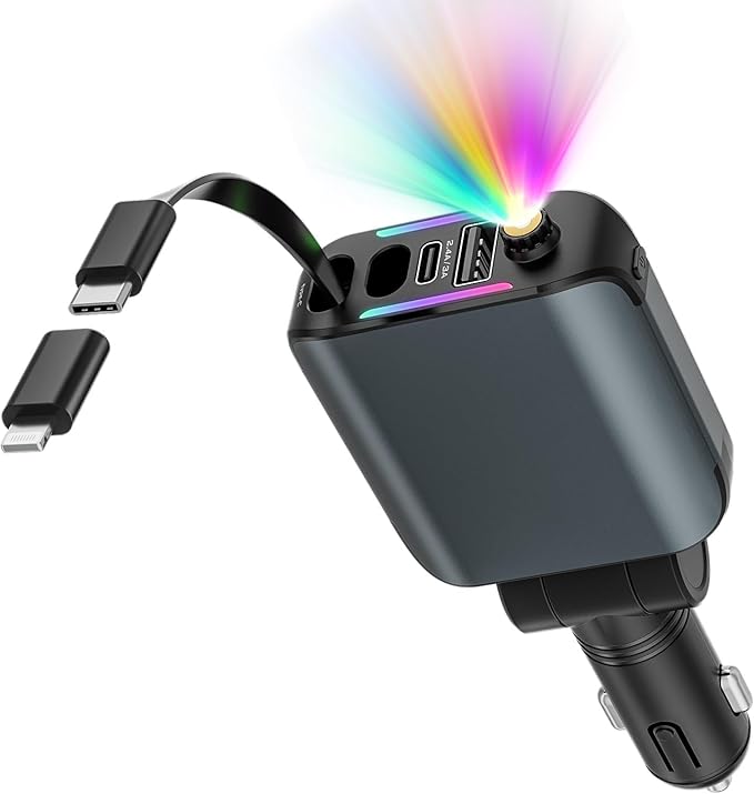 Retractable Car Charger with Starlight, 4 in 1 [120W] USB C for iPhone and Android Car Charger Fast Charging, Compatible with iPhone 16/15/14/13/12/11, Valentines Gifts for Women Men (Dark Grey)