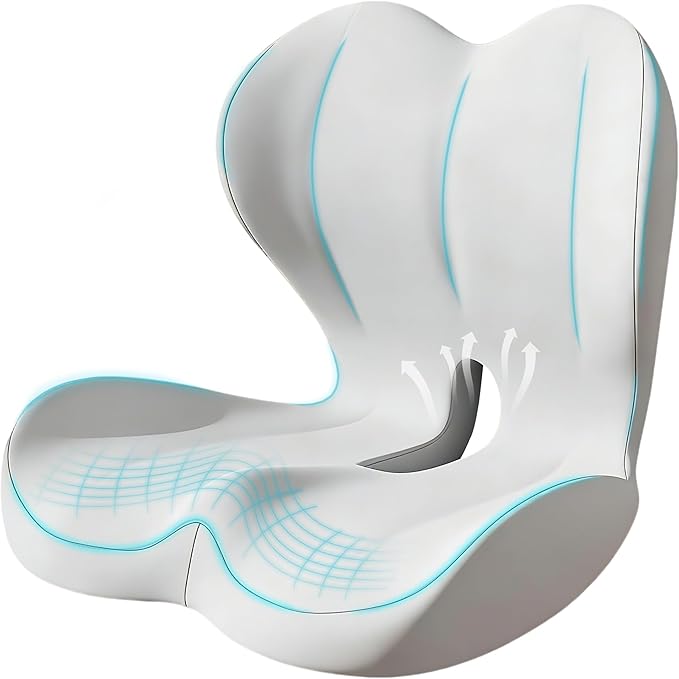 Seat Cushion for Office Chair and Car, Lumbar Support Pillow for Office Chair, Memory Foam Ergonomic Seat Cushion for Long Sitting, Back & Tailbone Pain, Sciatica - Light Gray