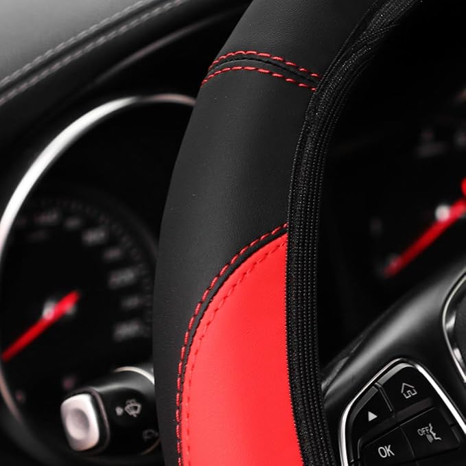 Car Steering Wheel Cover, Leather Elastic No Inner Ring Vehicle Steering Wheel Protector for 14.5-15Inch, Anti Slip Auto Interior Protection Accessories, Universal for SUV Sedan Truck (Red)