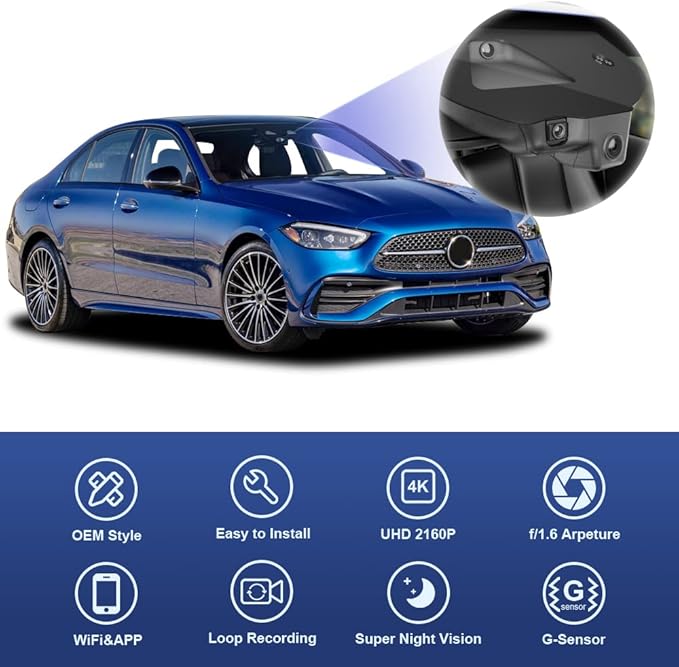 Fitcamx 4K Dash Cam Suitable for Mercedes-Benz C-Class C300 2022-2025 Sedan Coupe Cabriolet (HD2-6329), OEM Look, UHD 2160P Video, Built-in WiFi & APP, Loop Recording, G-Sensor, Easy to Set, 64GB Card
