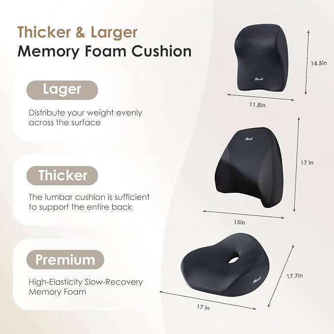 FLORICH Car Seat Cushion & Lumbar Support Pillow & Car Neck Pillow for Driver Car Office Chair, Ergonomic Memory Foam Car Cushion & Back Support Pillow for Sciatica Pain Relief - Black