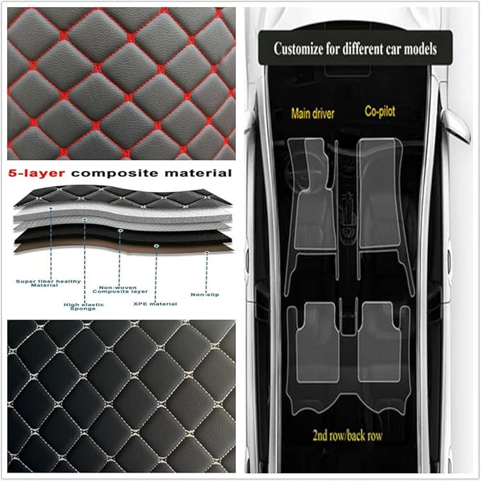Custom Personalized Floor Mats for Cars - Luxury Full Coverage All Weather Mats, Anti-Slip Leather Mat Set, Fit for 99% of Cars, SUVs & Trucks (Black Beige, A-Diamond)