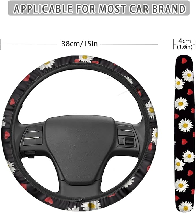 AFPANQZ Cute Daisy Pattern Steering Wheel Cover for Women Sweat Absorbing Non-Slip Steering Wheel Protection Case Machine Washable Universal White Flower on Black