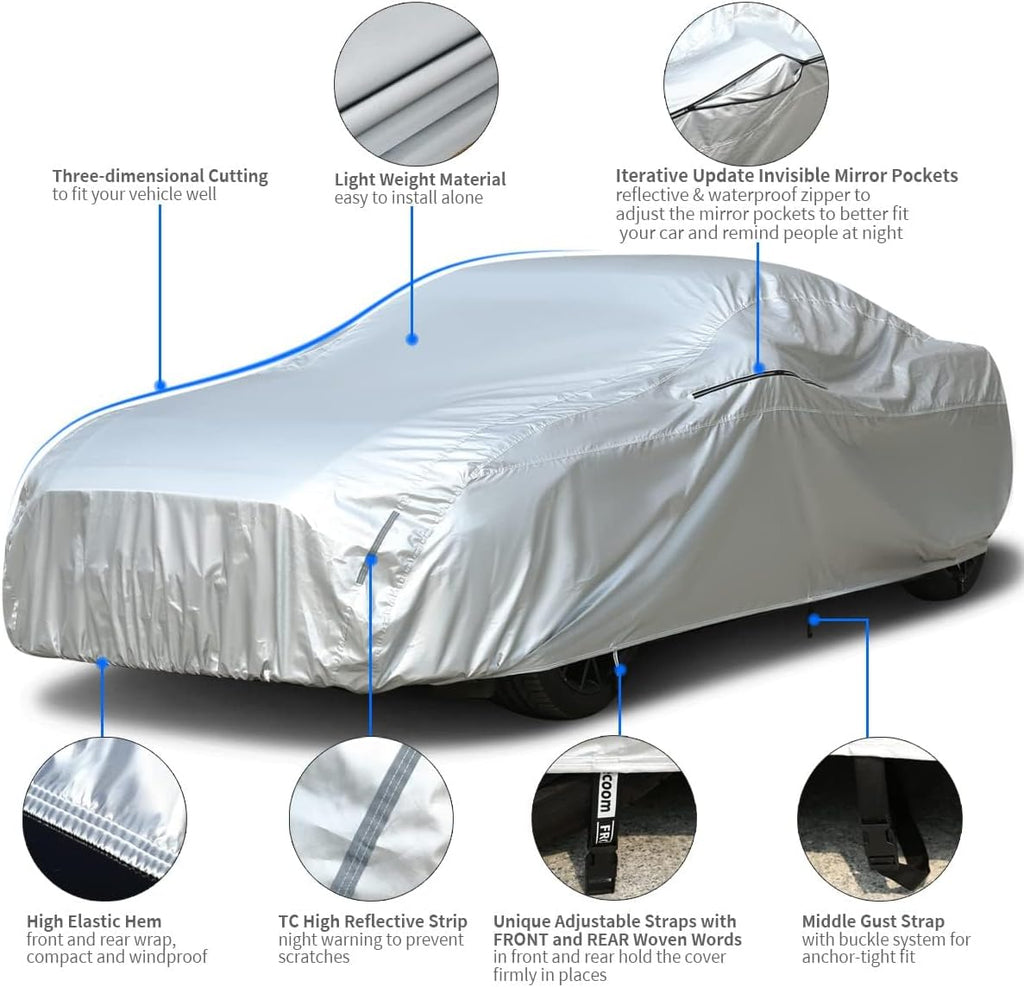 Tecoom Sport Car Cover Waterproof All Weather, Light Shell Car Covers for Autombilas Without Door Zipper & Mirror Pockets Windproof Sun Uv Hail Protector Car Cover Fit Coupe/Sport Car (183-193 Inches)