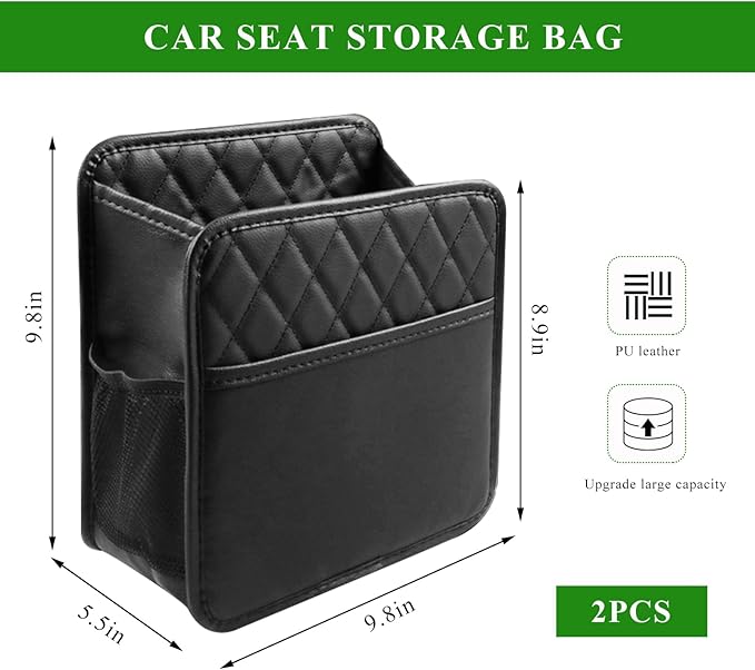 2PCS Car Seat Back Organizer, Waterproof Leather Hanging Backseat Organizer with Storage Pockets, Large Capacity Auto Trash Bag Collapsible Document Holder for Most Vehicles