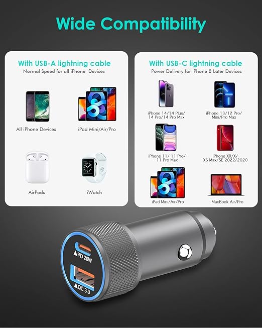 iPhone Car Charger,USB C Fast Car Charger[Apple MFi Certified] Apple Car Charging 38W Dual Port CarCharger Cigarette Lighter Adapter 2x3ft PD&QC 3.0 Lightning Cable for iPhone 14/13/12 Pro/11/Airpods
