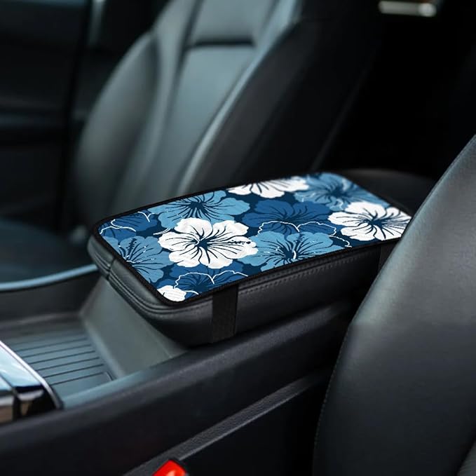 1pc Center Console Armrest Cover Pad 12.6x7.5 inch Blue Aqua Flower Neoprene Car Armrest Cushion Waterproof Armrests Seat Box Cover Protector for Universal Cars Vehicles SUVs