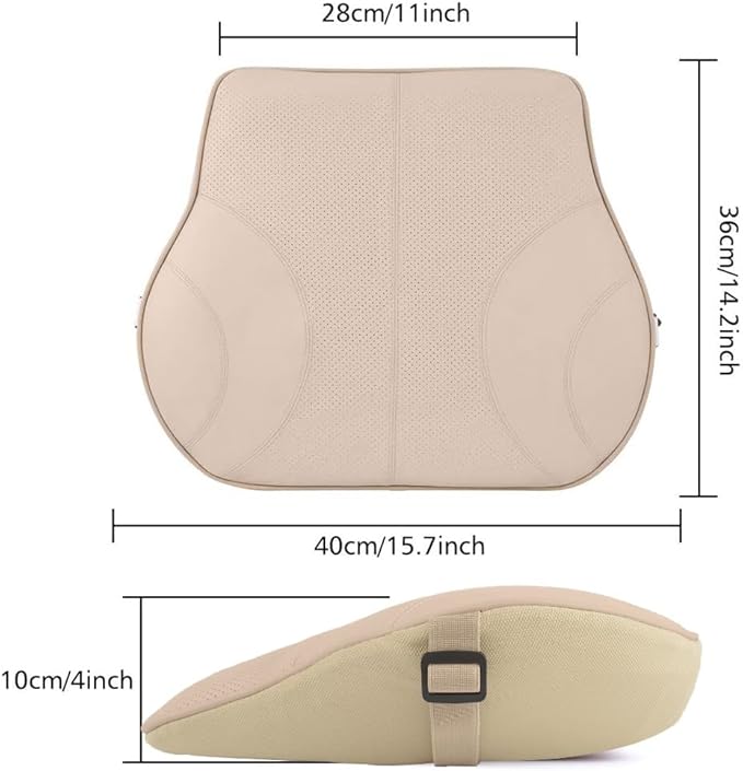 Aukee Lumbar Support Pillow for Car, Genuine Leather Memory Foam Pillow Cushion Lower Back Cushion for Car and Office Chair with Adjustable Strap (Beige)