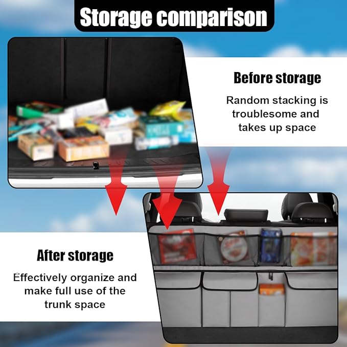 Car Trunk Organizer, Space Saving Hanging Automotive Back Seat Organizer Storage Bag with 10 Pocekts, Foldable Vehicle Interior Cargo Organizer Accessories for Car, SUV, Truck, MPV (Grey)