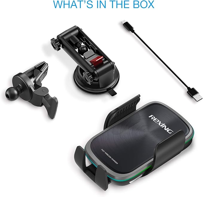 RexingUSA X5 Motorized Qi Car Mount - 15W/7.5W Wireless Charging, Auto Sensing Clamping, Windshield & Air Vent | iPhone, Android & Galaxy Smartphones (No Car Charger)