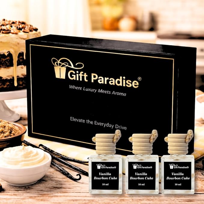 Gift Paradise® Vanilla Bourbon Cake Car Air Freshener Set of 3 (10 ml Each) – Premium Hanging Diffuser with Magnetic Luxury Gift Box, Sweet Vanilla Cake & Warm Bourbon Scent, Long Lasting Car Perfume