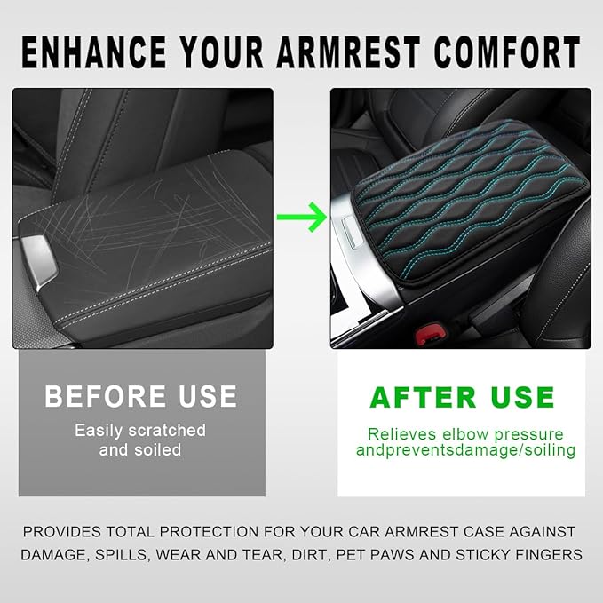 Car Center Console Cushion Pad, 12.48×7.40 Inches Waterproof Car Armrest Seat Box Cover, Comfortable PU Leather Vehicle Armrest Cover Protector, Car Decor Interior Accessories (Black＋Blue)