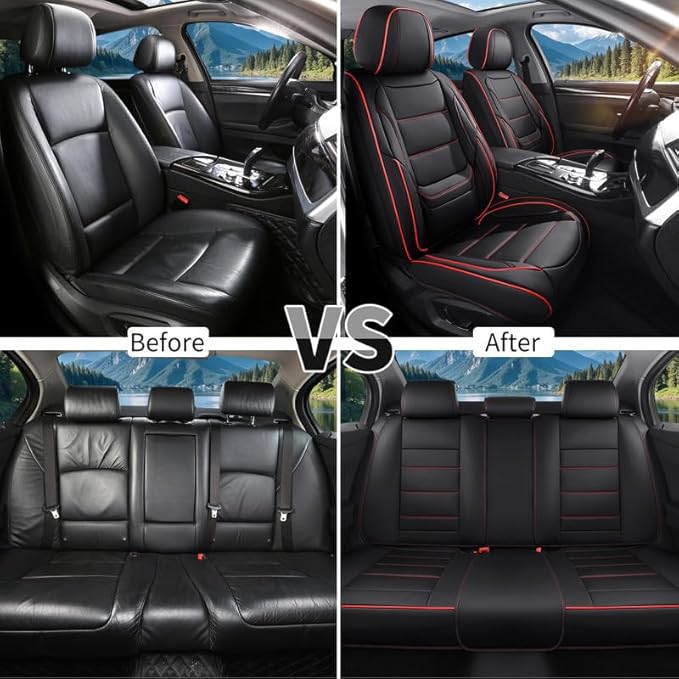 Car Seat Covers Full Set Custom Fit for Saturn Aura 2006-2009-Luxury Leather with Lumbar Support, Breathable, Waterproof, Anti-Slip, Durable, Easy to Install (Black&Red,Full Set)