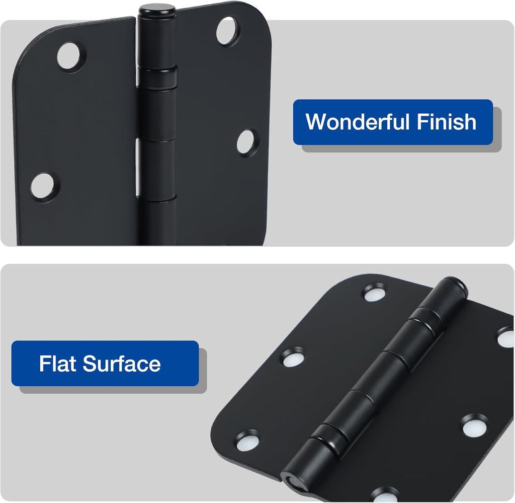 12 Pack Anti Squeak Matte Black Door Hinges 3.5 Inch 5/8" Radius Round Ball Bearing Interior 3-1/2"Flat Bifold Standard Bedroom Indoor for Doors 3 ½" Hardware Essentials House Home Decor Accessories