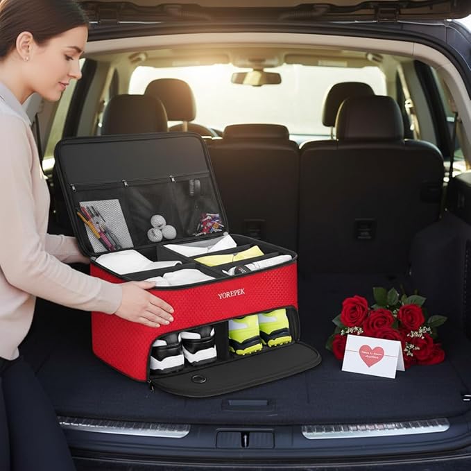 YOREPEK 2 Layer Golf Trunk Organizer, Golf Gifts for Men with Separate Ventilated Compartment for 2 Pair Shoes, Waterproof Car Trunk Locker for Balls, Tees, Clothes, Gloves, Gifts for Golfers
