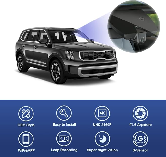 Fitcamx 4K Dash Cam Suitable for Kia Telluride 2020 2021 2022 S LX EX SX X-pro X-Line (Part No#S9000), OEM Look, UHD 2160P Video, Built-in WiFi & APP, Loop Recording, G-Sensor, Easy to Use, 64GB Card