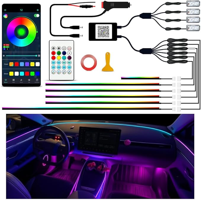 Ambient Lighting Car Led Lights Interior Kit,10 in 1 RGB Music Sync Acrylic Led Lights for Car Interior,175 inches Fiber Optic Neon Accent Strip Night Ambiance Footwell Lighting with Wireless APP