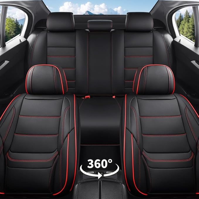 Car Seat Covers Full Set Custom Fit for Buick Century 1997-2005-Luxury Leather with Lumbar Support, Breathable, Waterproof, Anti-Slip, Durable, Easy to Install (Black&Red,Full Set)