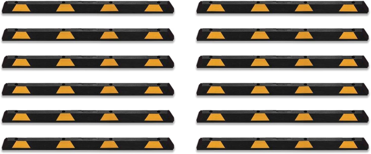 Zento Deals Rubber Parking Curb Garage Car Stopper - Parking Wheel Stopper Block 72” Wide Easy to Install, Black/Yellow Reflective Parking Block; for Car, Truck, Trailer and RV (Black/Yellow 12pack)