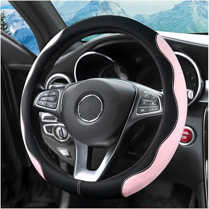zipelo 14.5"-15" Car Steering Wheel Cover, Auto Interior Wheel Protector with Durable Soft Breathable Anti-Slip Linging Leather, Universal for Vehicles Trucks SUVs Accessories for Men Women (Pink)