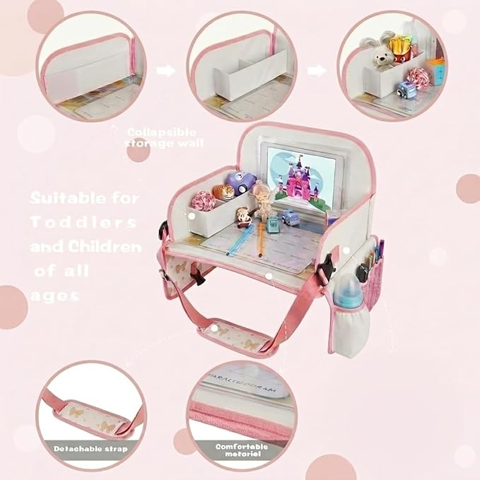 MENZOKE Kids Travel Tray for Toddler Car Seat, Toddler Travel Activities for Girl with iPad Holder Stand & Storage Pockets, Road Trip Essentials Accessories Lap Tray as Birthday Gift, Beige & Pink