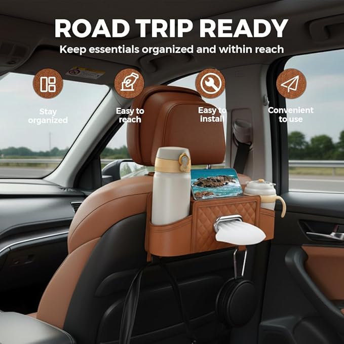3-in-1 Car Backseat Organizer with Cup Holder Tissue Box and Hooks, Multifunctional Car Seat Back Storage Box, Car Headrest Backseat Organizer for Travel SUV Sedan Truck Car Accessories (Brown)