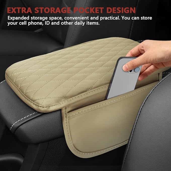 Car Center Console Cover, 12"×7.87" Waterproof Leather Auto Armrest Cover Protector with 2 Pocket, Comfortable Arm Rest Box Cushion Pad, Universal Interior Car Accessories (Beige)