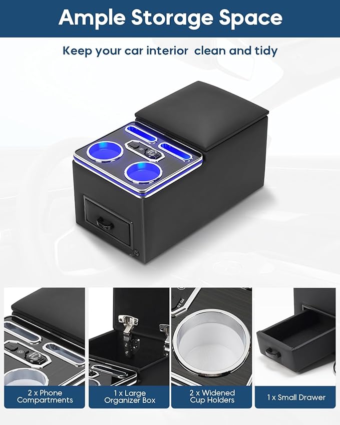 Center Console Organizer, Bench Seat Center Console with Fast Phone Charging & Cup Holders, Automotive Center Storage Box Upgraded 7-Color Adjustable LED Lighting for Car Minivan Van Truck