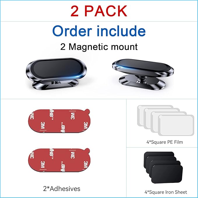 【2-PACK】Magnetic phone holder for car, [ Super Strong Magnet ] [ with 4 Metal Plate ] iPhone Magnetic car mount for cell phone, [ 360° Rotation ] Universal Dashboard adhesive Car Magnetic Phone Mount
