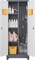 GREATMEET 65" Garage Storage Cabinet, Broom Closet Storage Cabinet, Metal Cabinets with Doors and Shelves, Utility Closet for Brooms and Mops, Utility Cabinets for Storage, Grey&White