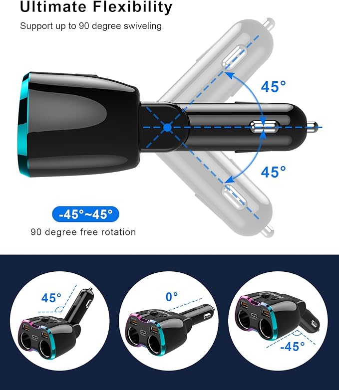 2025 Upgraded Cigarette Lighter Splitter, SUPERONE 180W 2-Socket Cigarette Lighter Adapter with Dual QC3.0 and 20W PD USB C Car Charger Splitter for GPS/Dash Cam/Laptop/iPad/iPhone 17/16/15/14/13/12