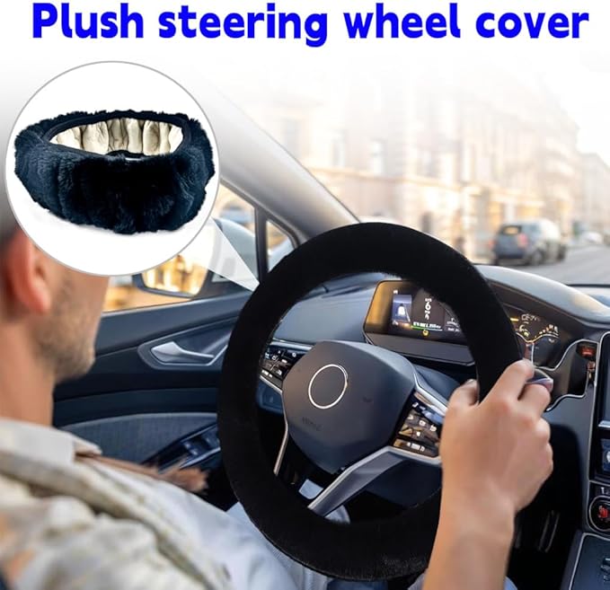 Fluffy Steering Wheel Cover, Winter Warm, Suitable for Most Car Steering Wheels in The 14-15 Inch Range(Black, 1PCS)