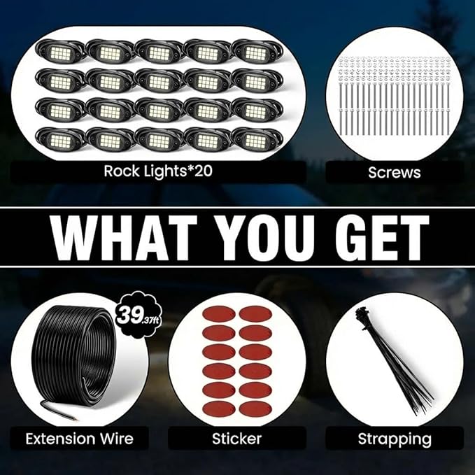 YONEDA 20 Pods White Rock Lights 6000K Pure White LED Underglow Lights IP68 Waterproof for Trucks SUV UTV ATV RZR Car Boats Motorcycle with 39.37ft Extension Wire
