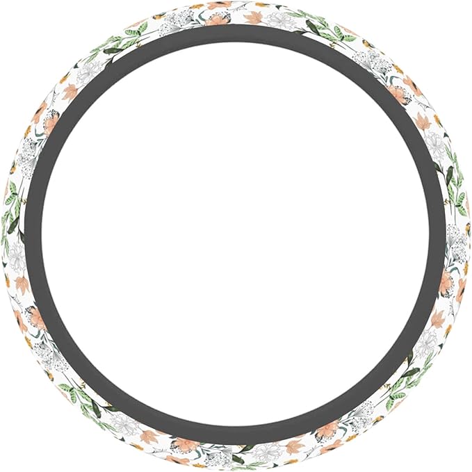 Car Steering Wheel Cover for Women Men, Non-Slip Botanical Floral Pattern with Ladybugs Steering Wheel Protector, Universal 14"-15" Fit for Cars, SUVs, Trucks