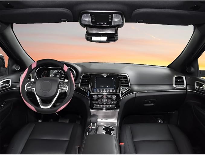 West Llama Customized Auto Car Steering Wheel Cover for Jeep Grand Cherokee,Wrangler,Compass,Gladiator,Cherokee 14.5-15 inches (Black+Pink-Standard Size)
