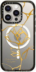 CASETiFY Impact iPhone 15 Pro Case [Slim/Compatible with Magsafe / 8.2 ft. 4X Military Grade Drop Protection] - Kintsugi Flower - Clear Black