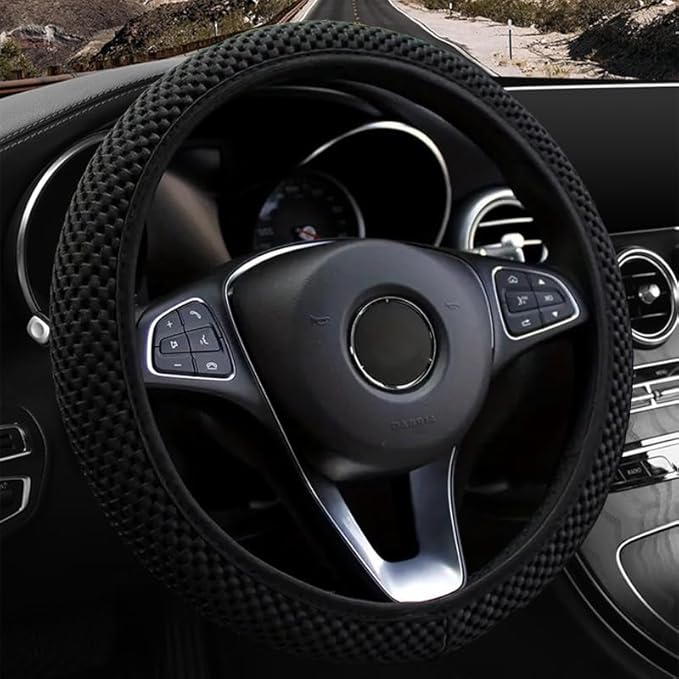 Elastic Stretch Steering Wheel Cover,Warm in Winter and Cool in Summer, Universal 15 inch, Microfiber Breathable Ice Silk, Anti-Slip, Odorless, Easy Carry (Black)