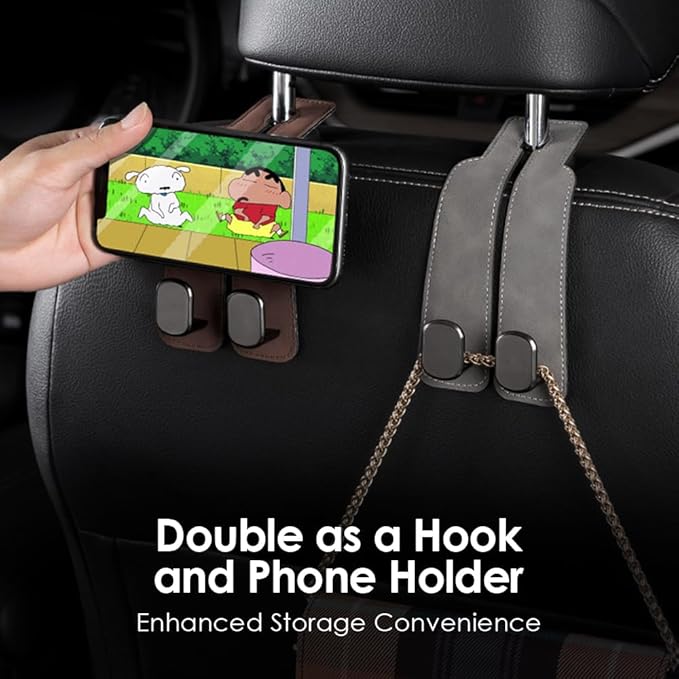KINIVA Car Seat Headrest Storage Hooks, Set of 2, Suede PU Leather, Double Hooks (Brown)