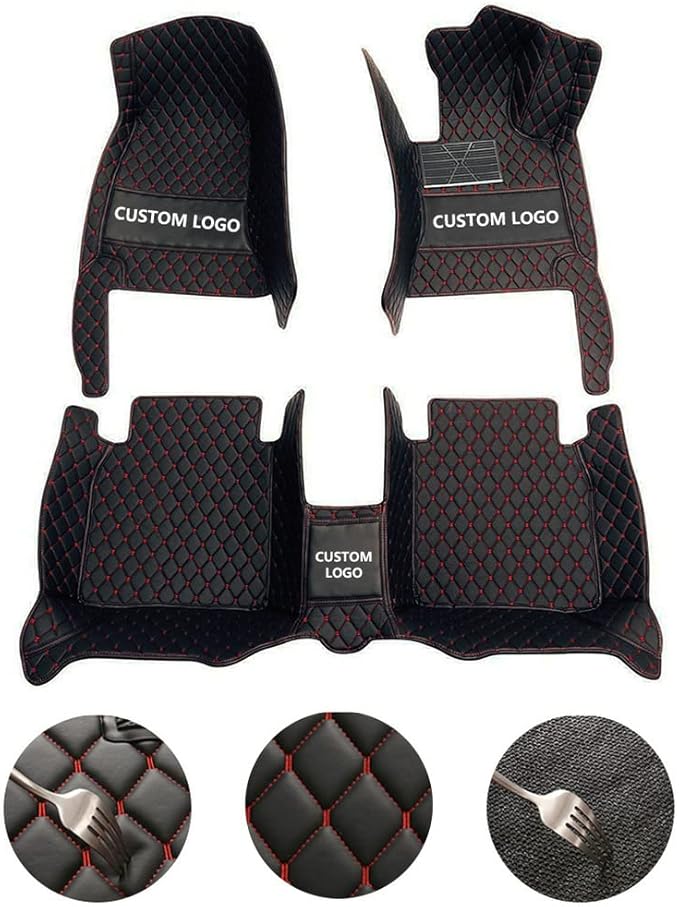 Customize Car Floor Mats for 99% Sedan SUV Sports Car All Weather Leather Full Coverage Waterproof Non-Slip Vehicle Lining Pads (Black red Stitching)
