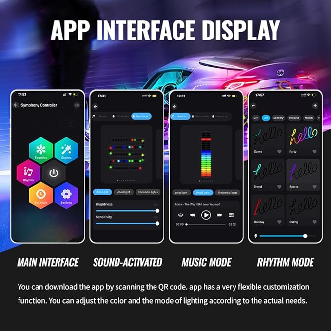Acrylic Ambient Lighting Car Interior Kit, 4 in 1 Dream Color Acrylic Led Strips Fiber Optic Lights with APP, 116 inches USB Flexible Neon Music Sync 16 Million Colors Dashboard Center Console Lights