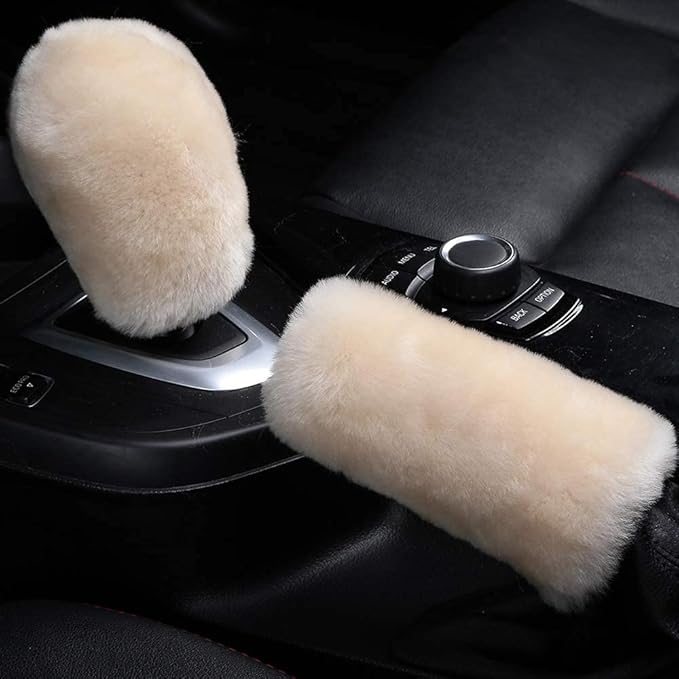 3Pcs/Set Pure Wool Fur Furry Steering Wheel Cover, Soft Fluffy Handbrake Cover Gear Shift Cover for Women Car SUV Truck Australia Sheepskin Accessories