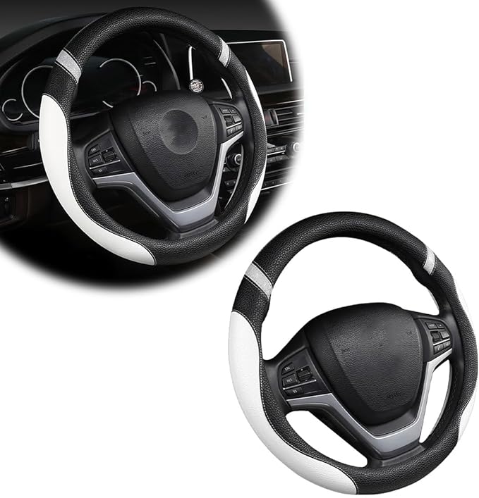 Car Steering Wheel Cover, Non-Slip Leather Auto Steering Wheel Protector, Comfortable Steering Wheel Cover Protector for Most Cars, Universal Interior Car Accessories (White)