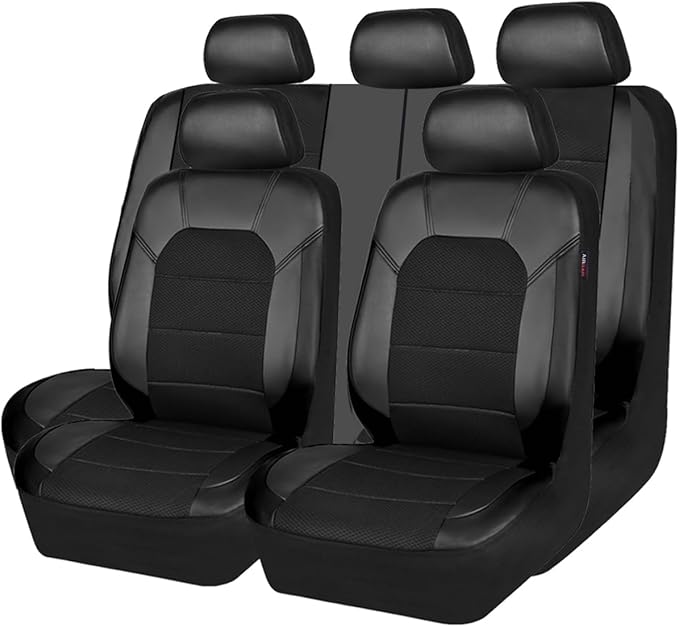 CAR PASS Leather and 3D Air Mesh Universal Fit Car Seat Covers, for Sedans,Trucks,Suvs,Airbag Compatible,Zipper Design and Reserved Opening Holes for Headrest(Full Set, Black and Black)