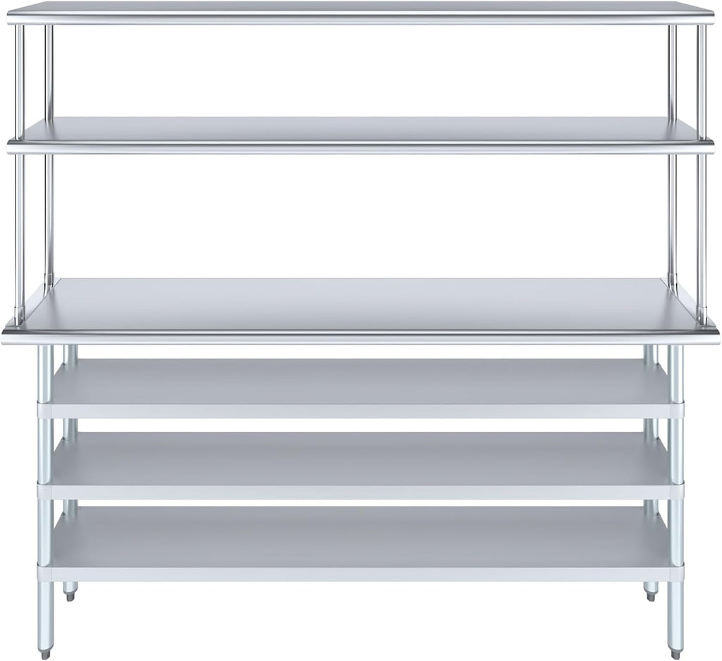 Amgood 14" x 72" Stainless Steel Work Table with 3 Shelves and 12" Wide Double Tier Overshelf | Metal Kitchen Prep Table & Shelving Combo | NSF
