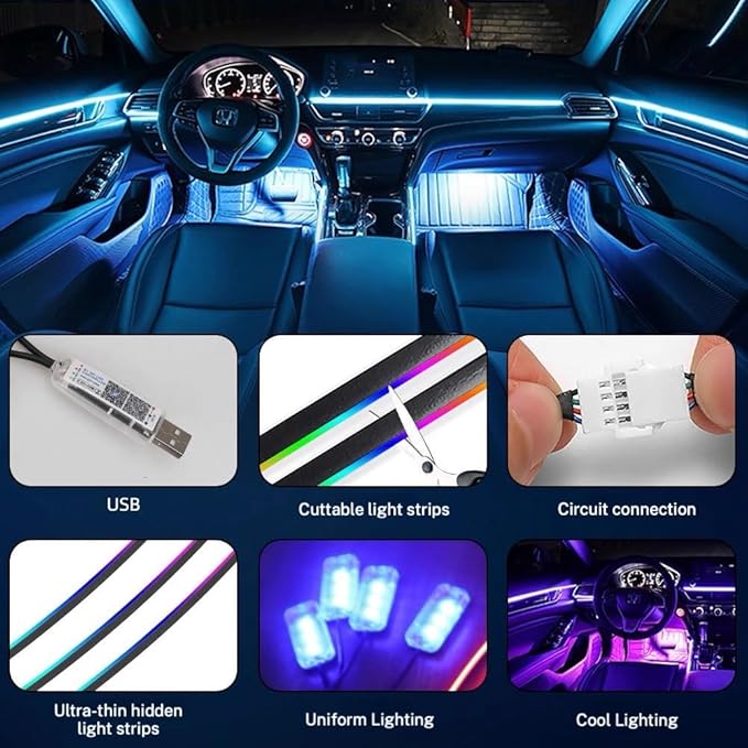 Universal LED Ambient Lighting Kit for Car Dashboard - Smart App Control, 16 Million RGB Colors, Motion Sensor, Easy Installation, Premium Silicone Strip for All Vehicles (Sedan, SUV, Truck)