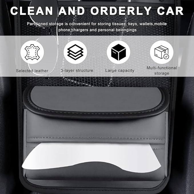 Car Purse Holder Between Seats, Nappa Leather Front Seat Storage Bag with Tissue Holder, Large Capacity Automotive Console Organizer for Document Phone Wallet, Car Accessories (Gray)