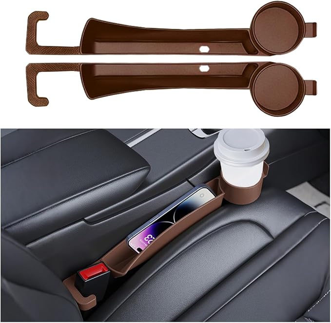 2PCS Car Seat Gap Filler, Soft Carbon Fiber Vehicle Between Seat and Console Organizer with Cup Holder, Prevent Falling Automotive Interior Chair Gap Plug, Universal Fit (Brown)